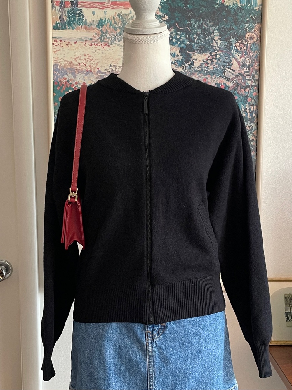 Marc New York Sweater Medium Black Zip Up Bomber Knit Quiet Luxury Minimalist